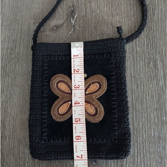 Vintage 90s Black Crocheted Cross Body Bag With Brown Butterfly Detail - Picture 8 of 9
